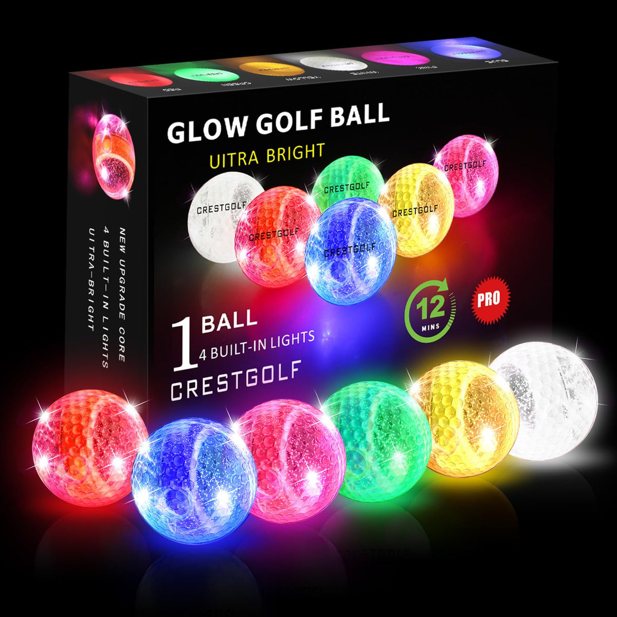 Crestgolf glow ball with four LEDs brightens night play.
