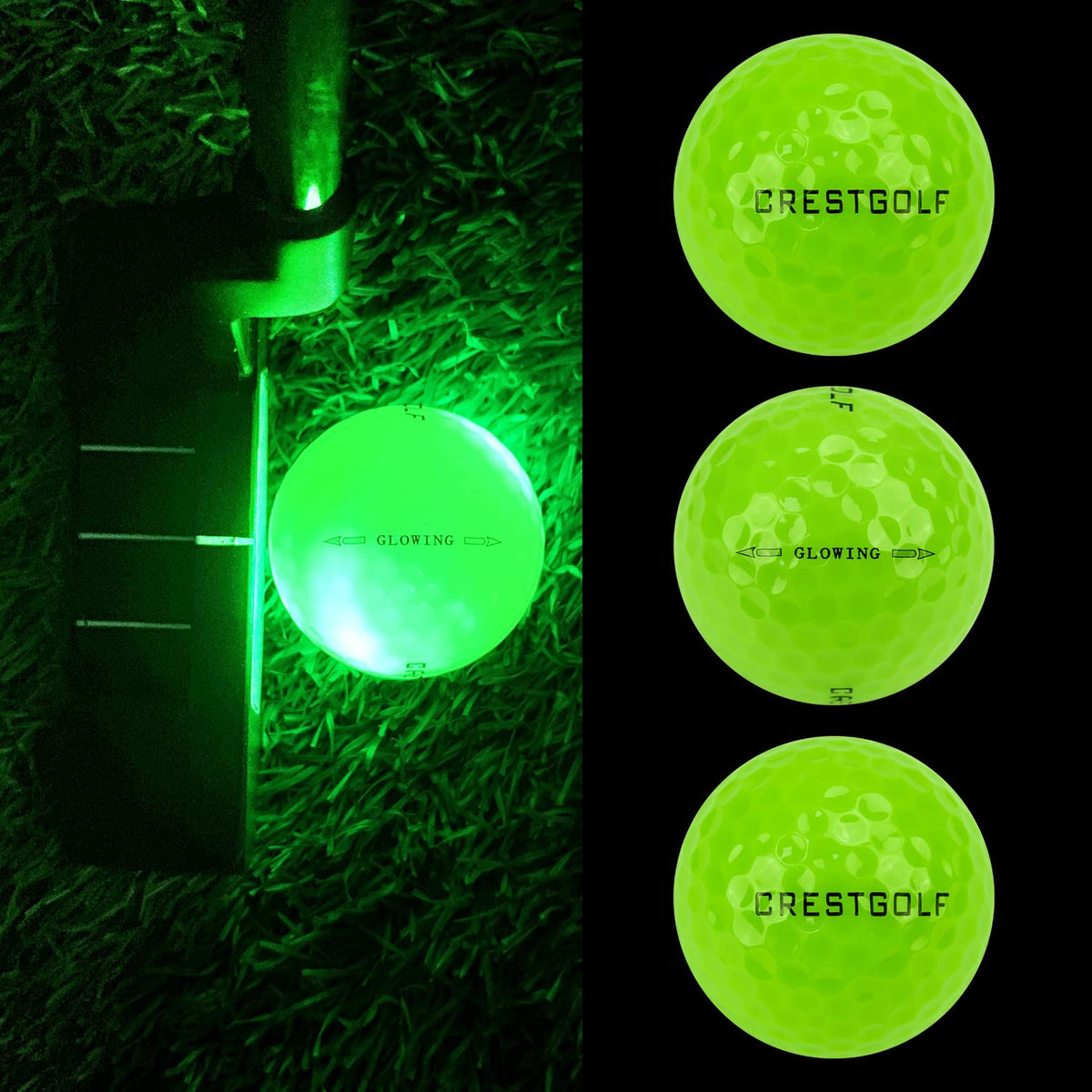 Crestgolf glow ball creates a bright arc on impact.