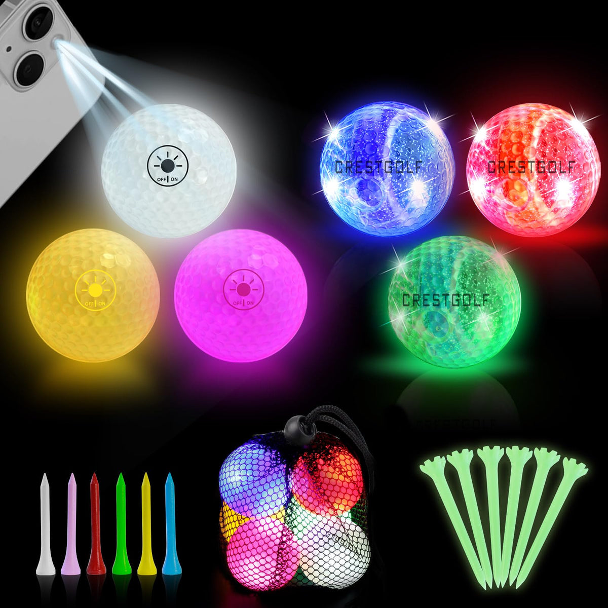 Crestgolf glow ball impact red for on-demand visibility after each strike