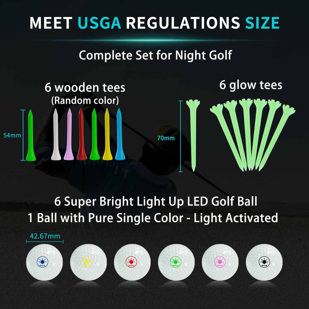 Crestgolf Glow Tees 6-pack for an organized night golf setup