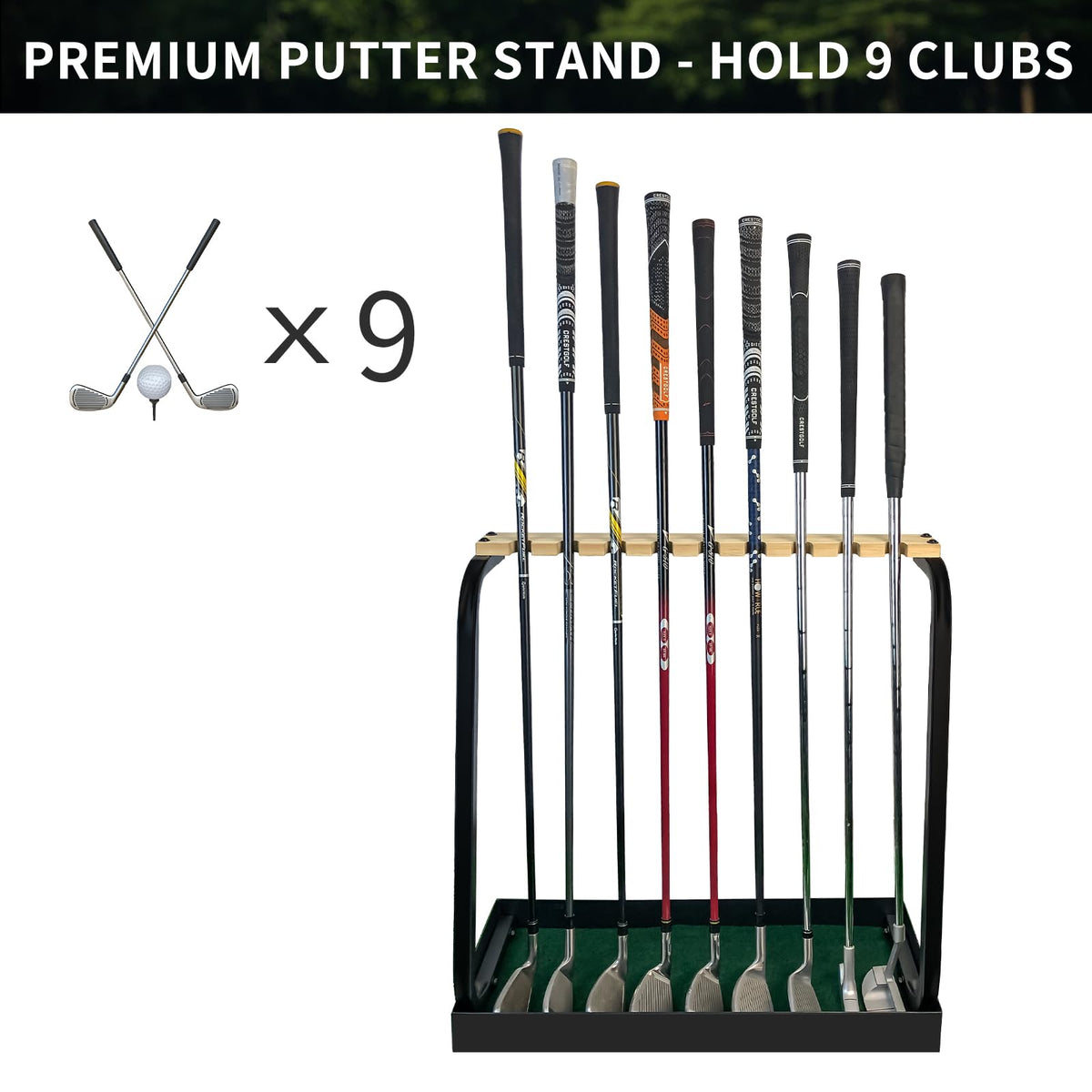 Crestgolf 18-hole display keeps golf gear tidy for practice sessions