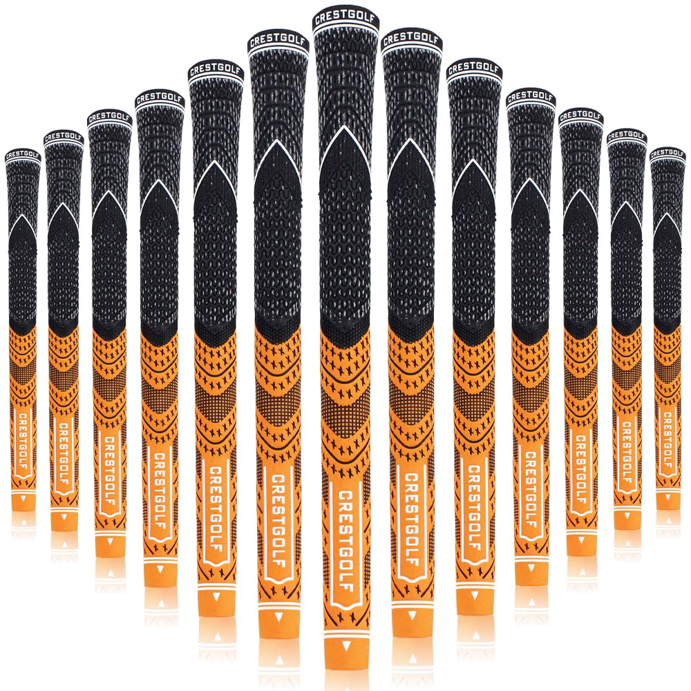 Crestgolf mid-size multi-compound orange-texture grip for stable season-long control.