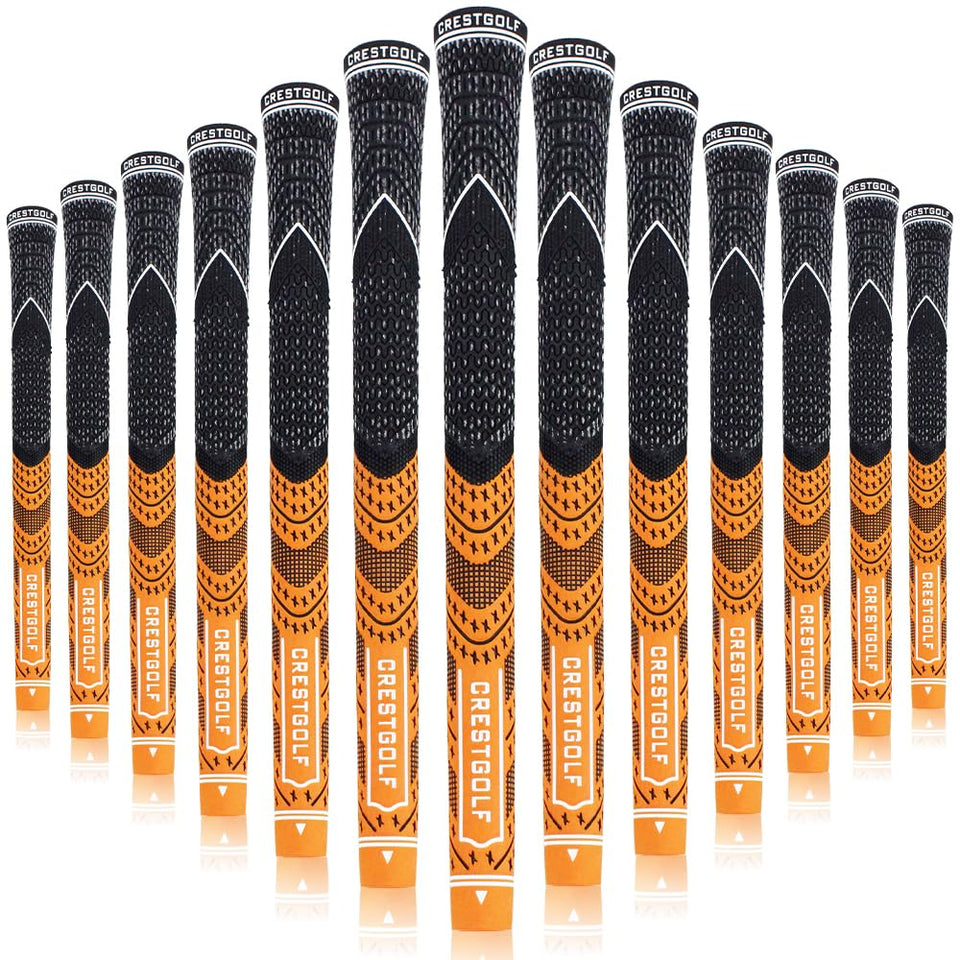 Crestgolf mid-size multi-compound orange-texture grip for stable season-long control.