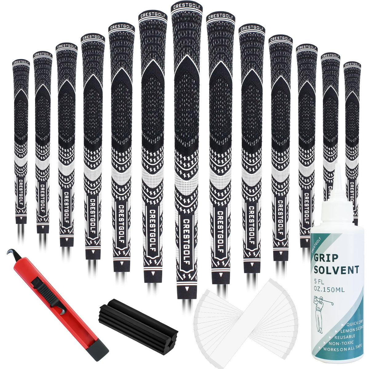 Crestgolf Grips Kit box contents show all components for quick DIY regrip.