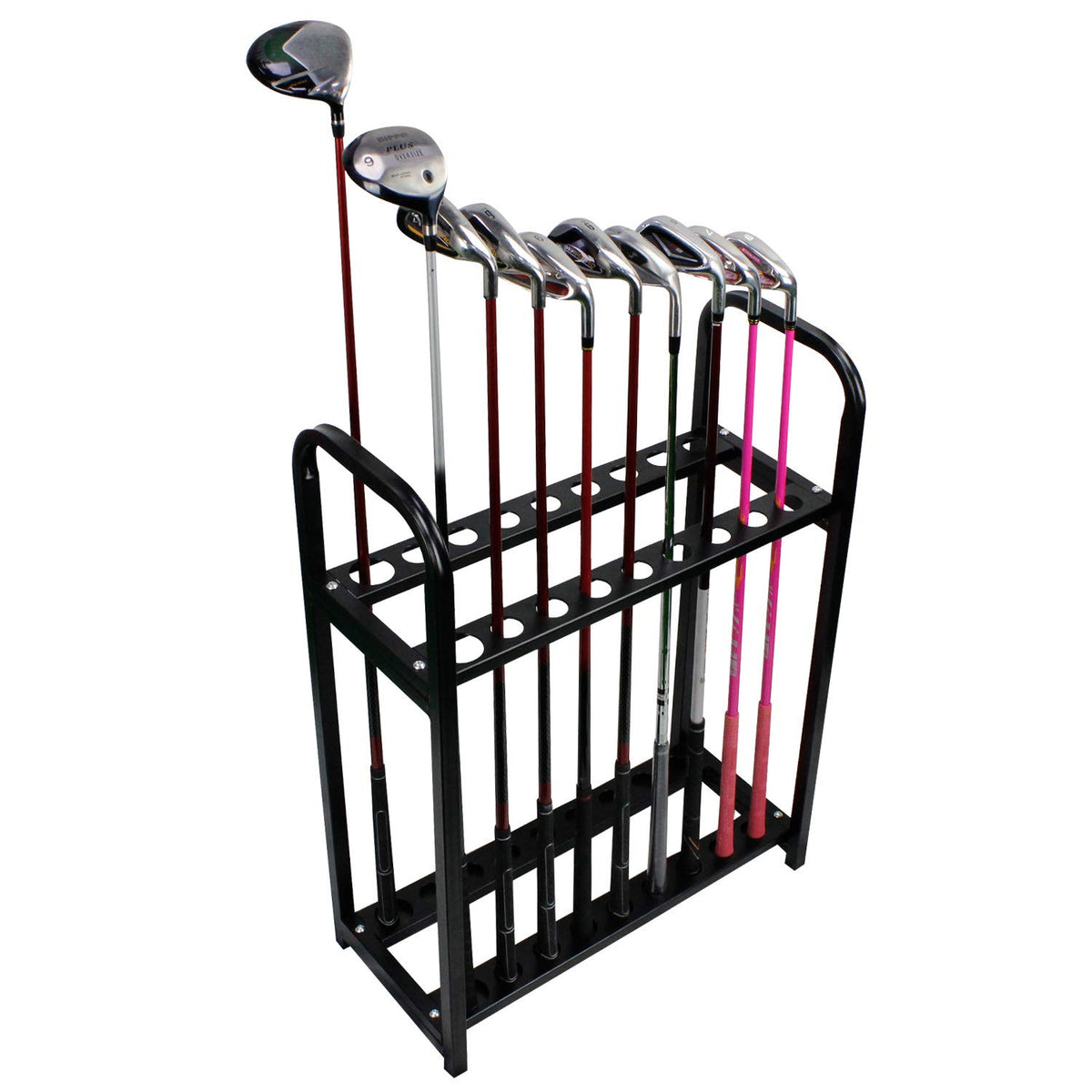 Crestgolf metal golf club display stand keeps clubs protected indoors or outdoors.