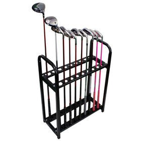 Crestgolf metal golf club display stand keeps clubs protected indoors or outdoors.