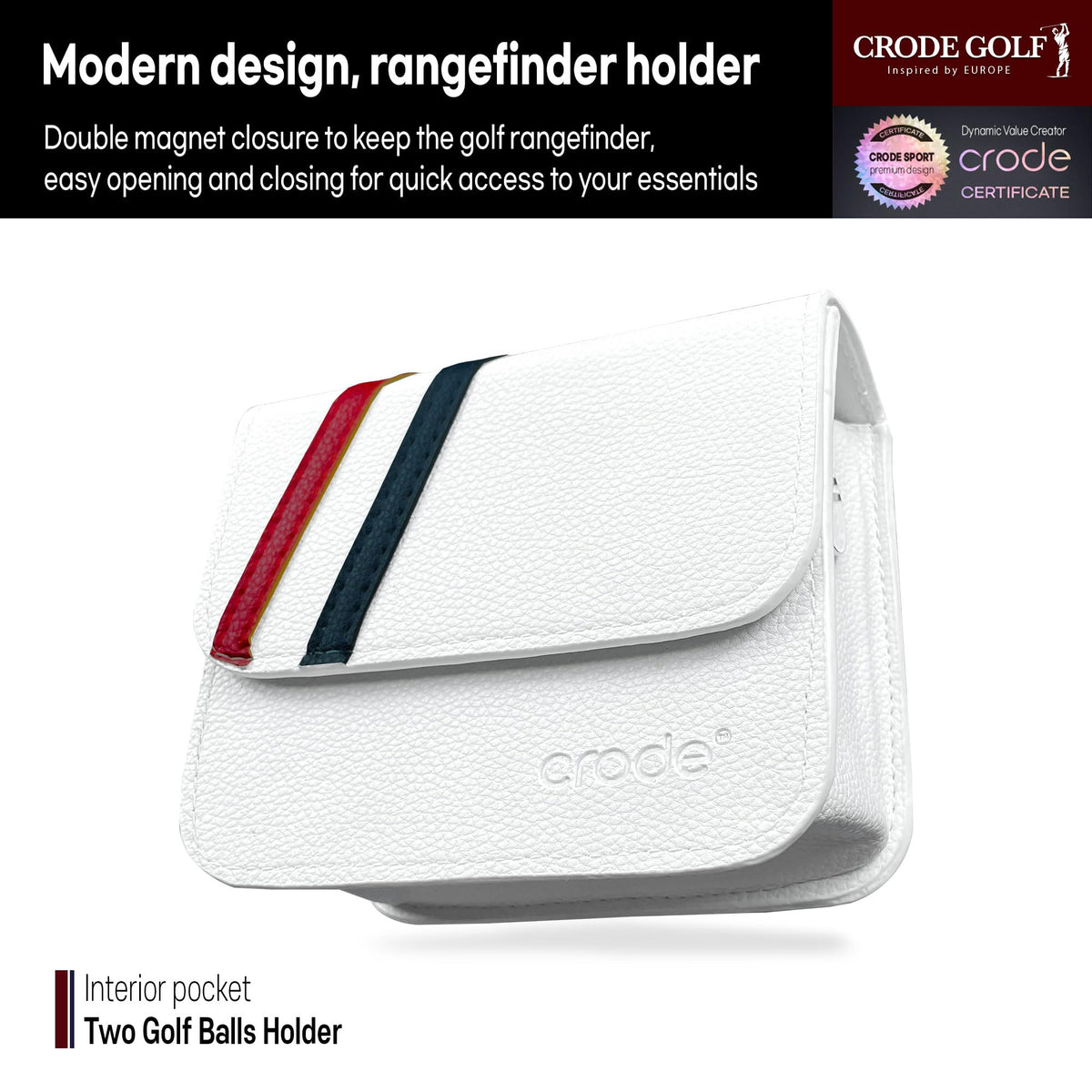 CRODE rangefinder case with ball marker and tees inside for quick access.
