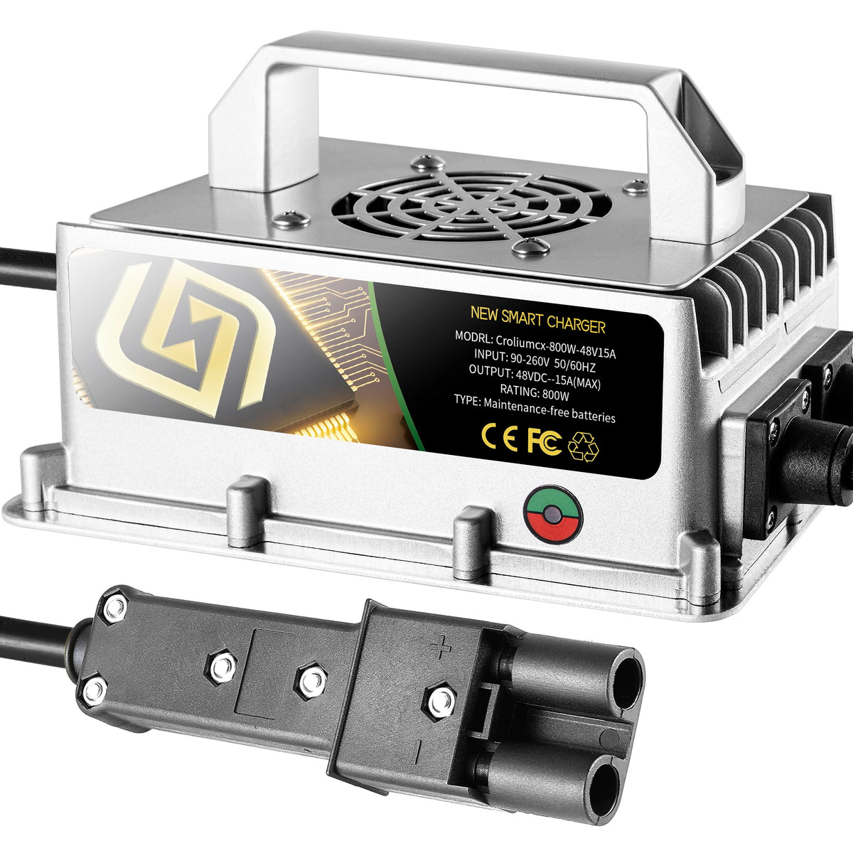 Croliumcx 48V15A golf cart charger with Nabson plug powering G19–G22 batteries.