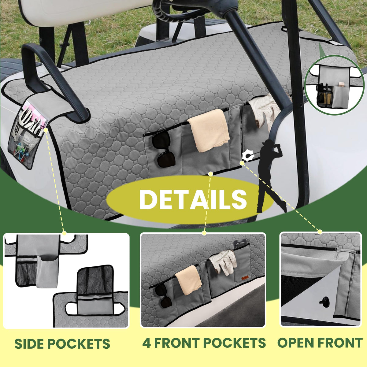 Universal-fit CROTIRAD seat covers for EZGO, Club Car, and Yamaha golf carts.