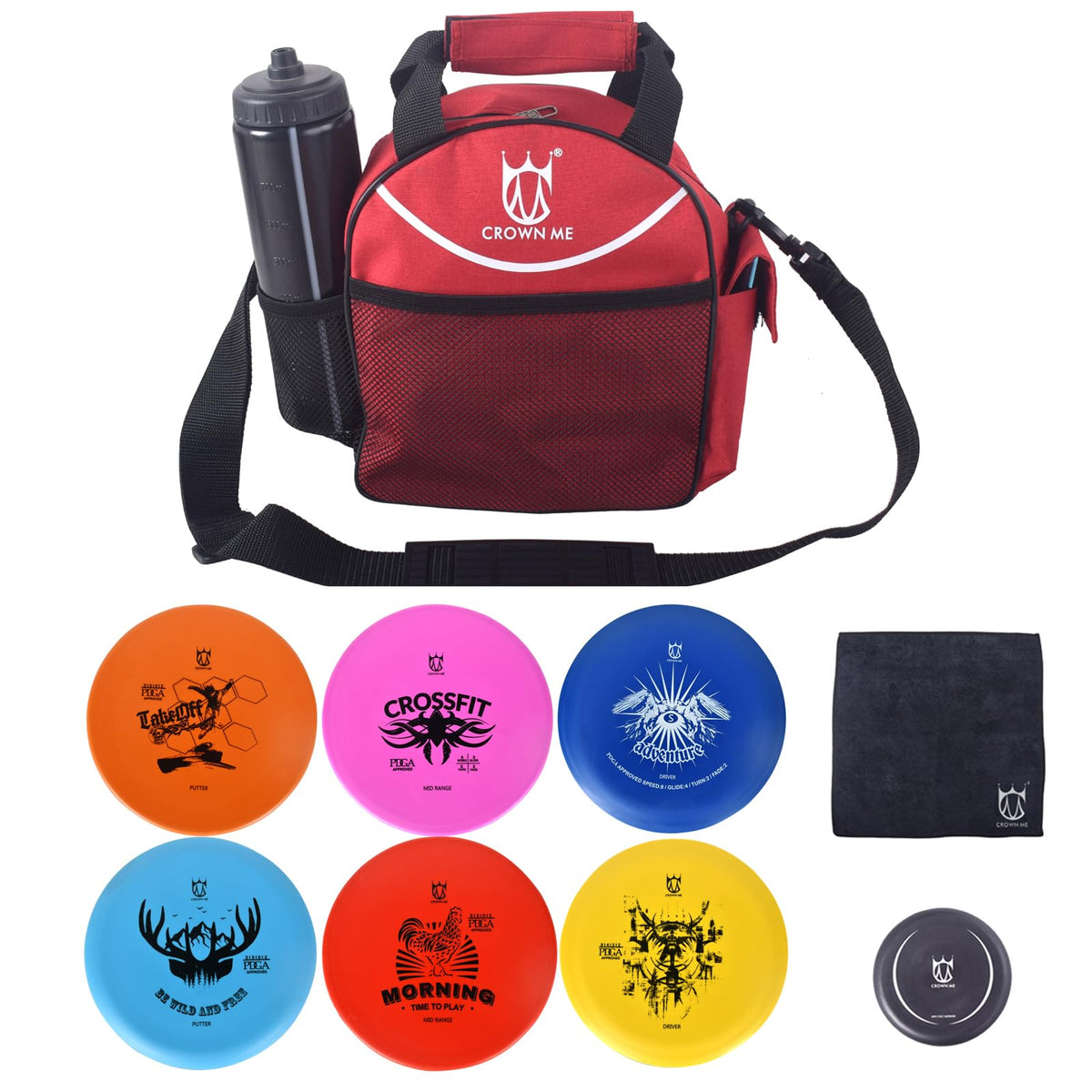 CROWN ME Disc Golf Set bag and discs for convenient on-course carrying.