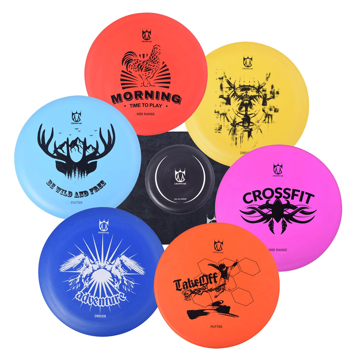 Crown Me Disc Golf Set front view displays the complete six-disc collection for versatile play.