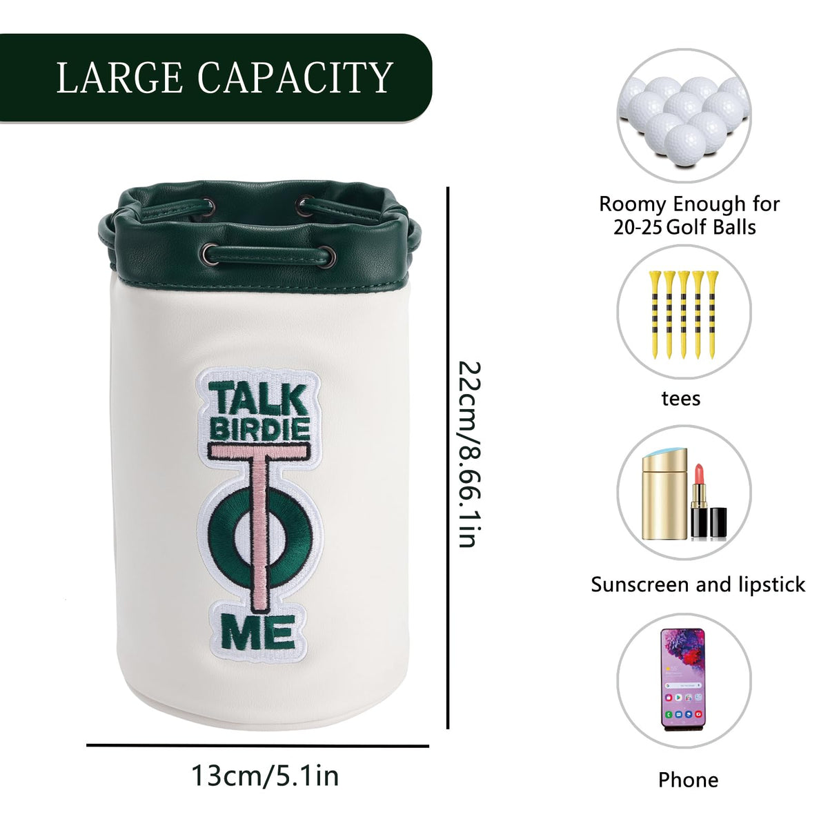 CROWNBLANKS PINKTEE dimensions show compact storage for balls and tees.