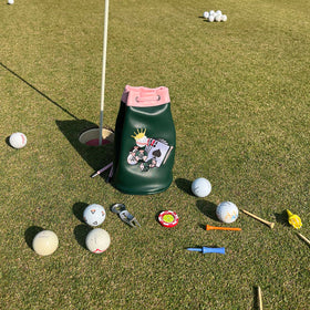 PinkTee drawstring closure securing tees and balls during play