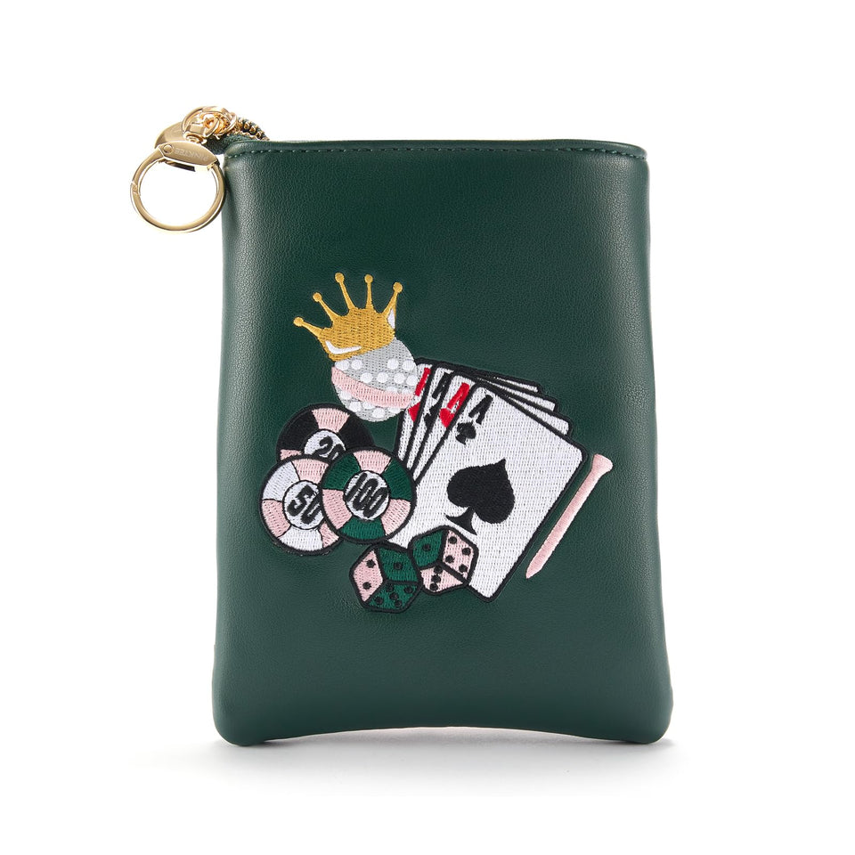CROWNBLANKS PinkTee golf pouch close-up shows premium green PU leather.