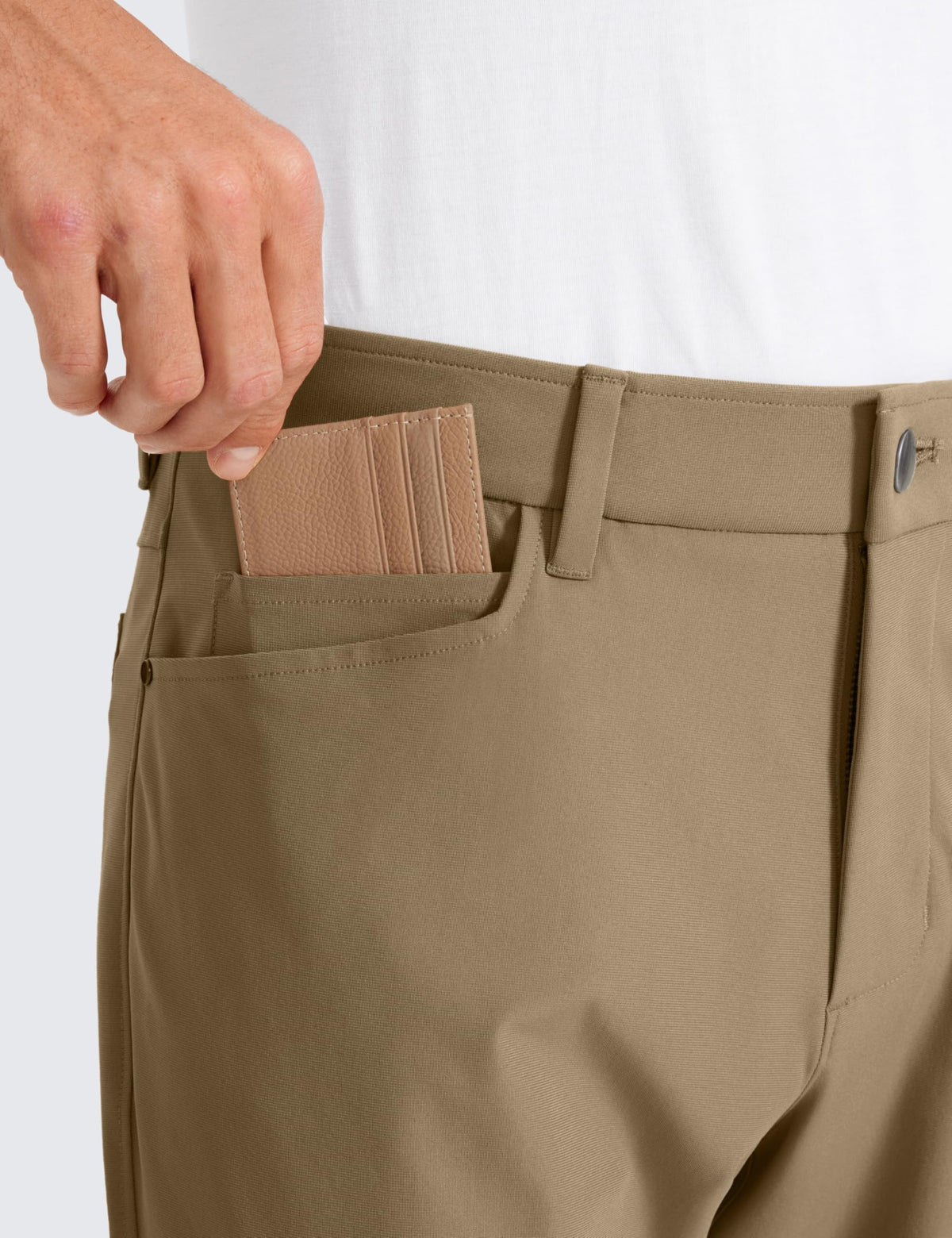 Back pocket and zipper detail on CRZ YOGA All Day Comfy golf pants artifact brown