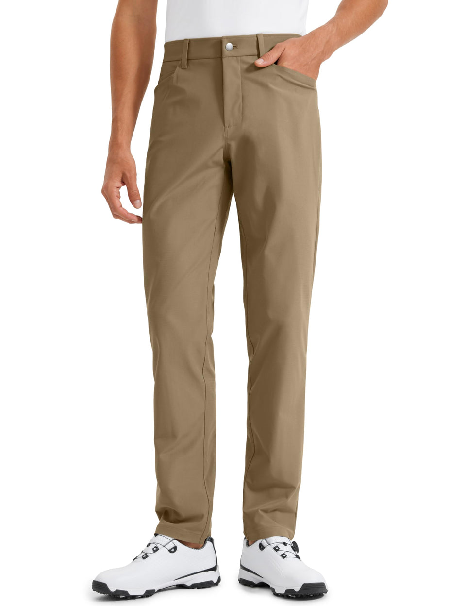 CRZ YOGA All Day Comfy golf pants artifact brown front view showing slim tapered fit for on-course versatility