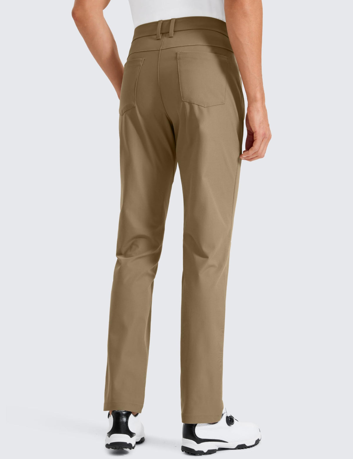 CRZ YOGA All Day Comfy golf pants artifact brown side view showing stretch for mobility