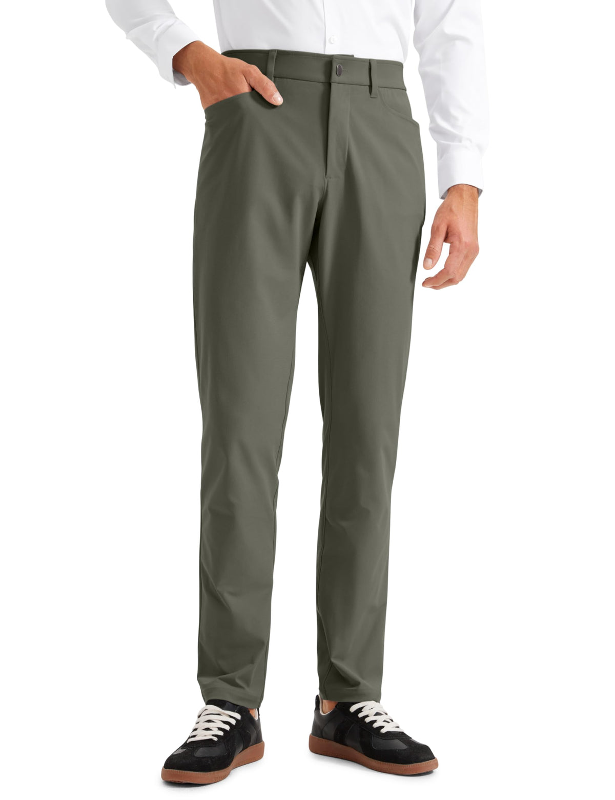 CRZ YOGA All Day Comfy golf pants front view with quick-dry fabric.