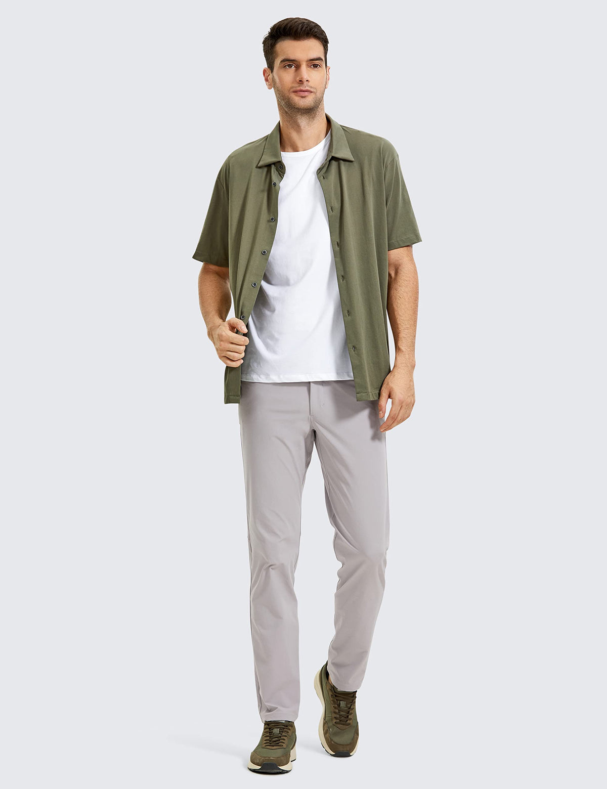 CRZ YOGA All Day Comfy golf pants Gull Gray fabric close-up highlighting quick-dry weave