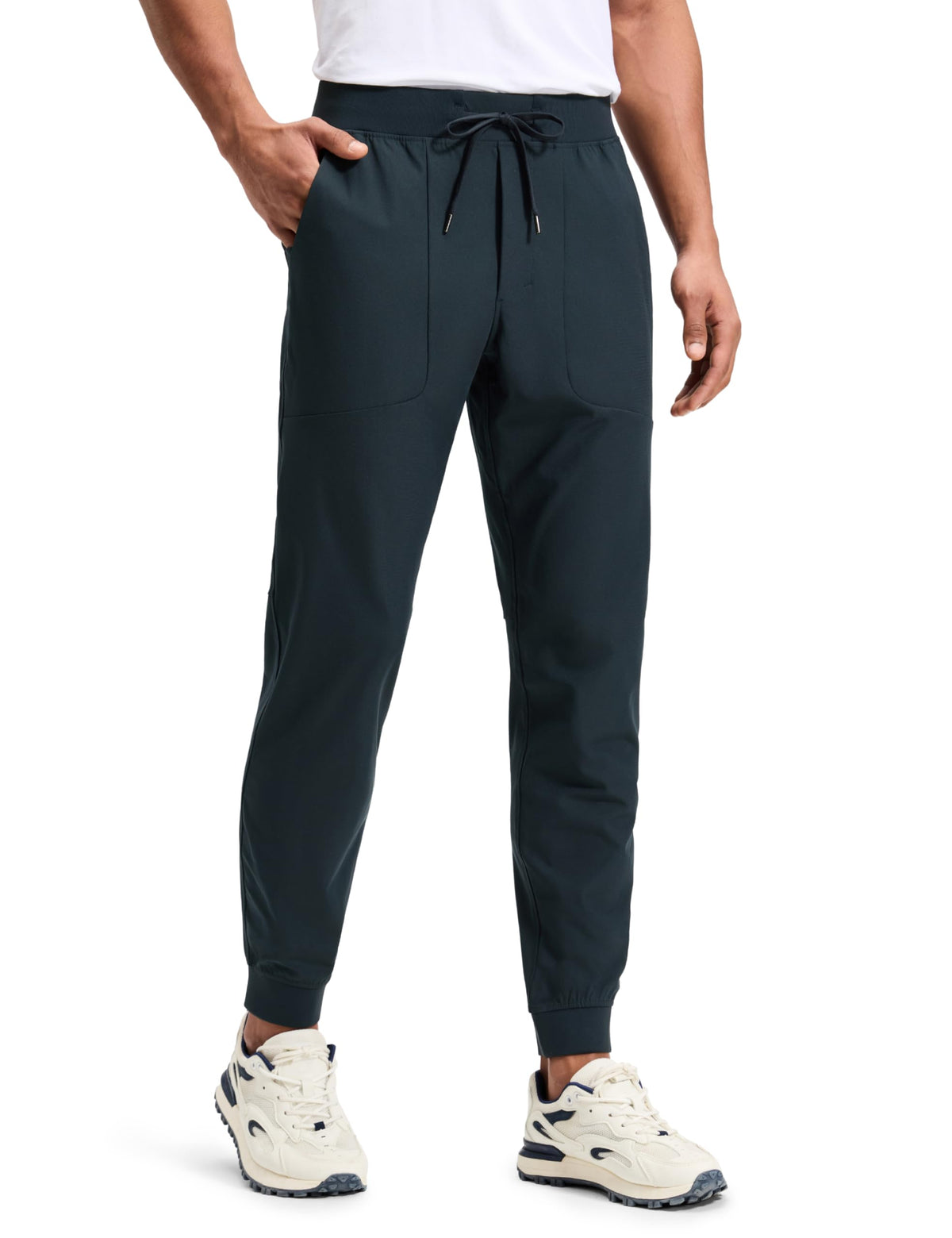 CRZ YOGA All Day Comfy Golf Joggers front view highlights slim fit and true navy shade.