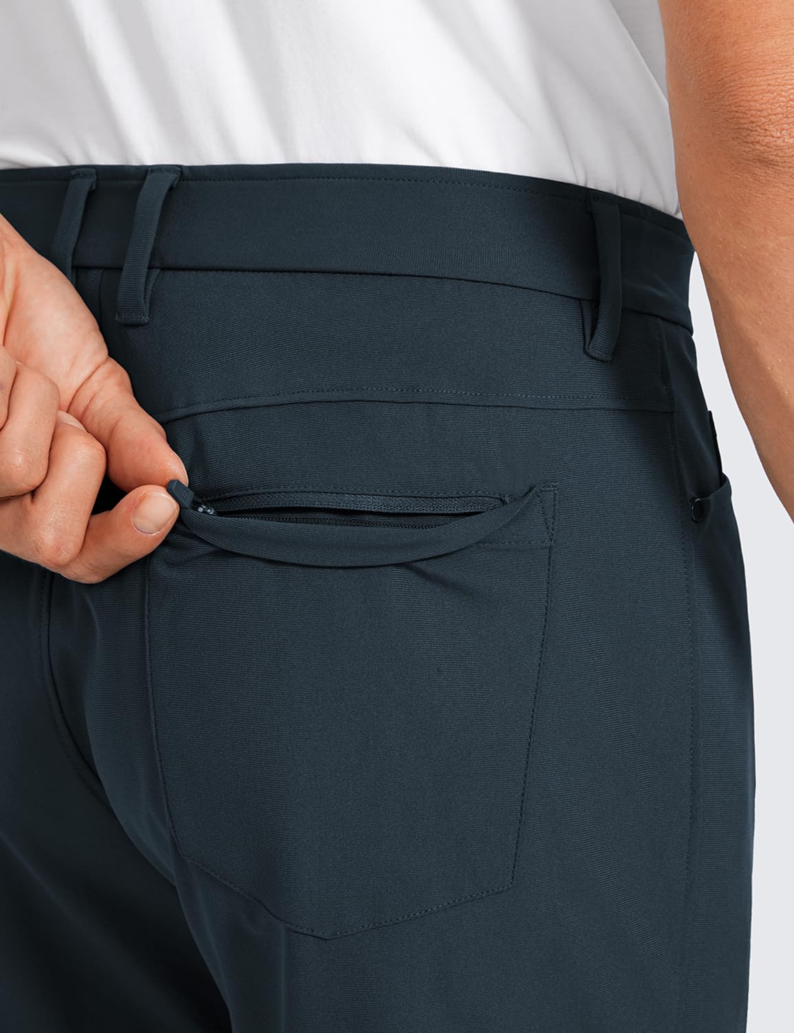 CRZ YOGA All Day Comfy golf pants flat lay waistband showing belt loops and comfort.