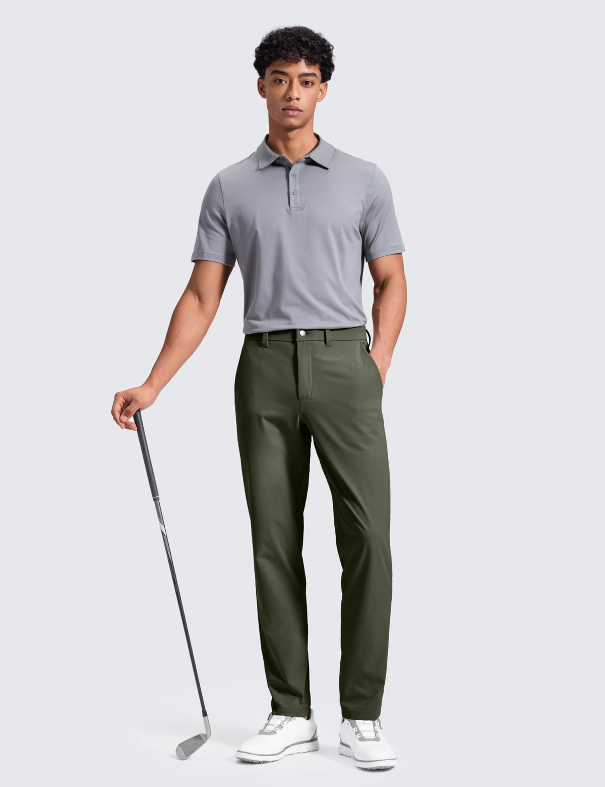 CRZ YOGA Breeze Comfy Golf Pants back view displays timeless welt pockets for secure storage