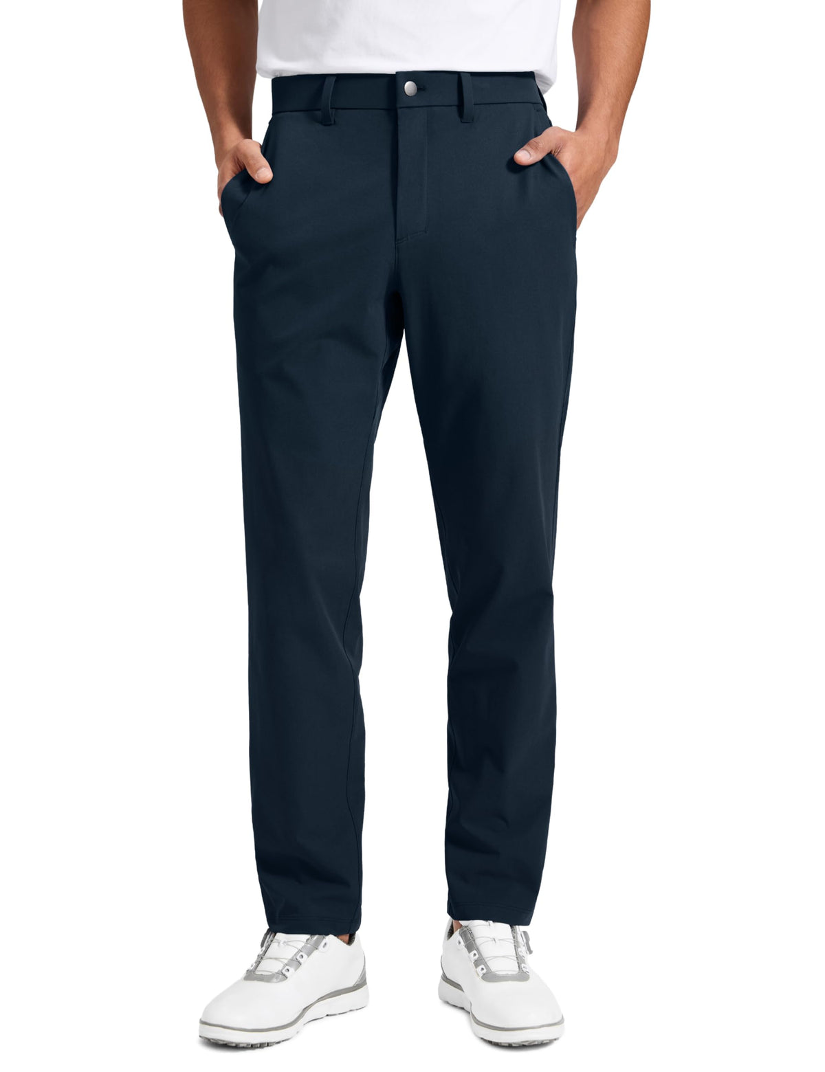 CRZ YOGA Breeze Comfy Golf Pants front view show a slim, tapered fit for warm-weather golf.