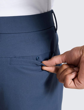 CRZ YOGA Breeze golf pants electric blue waist closeup, stretchable waistband for adjustable comfort.