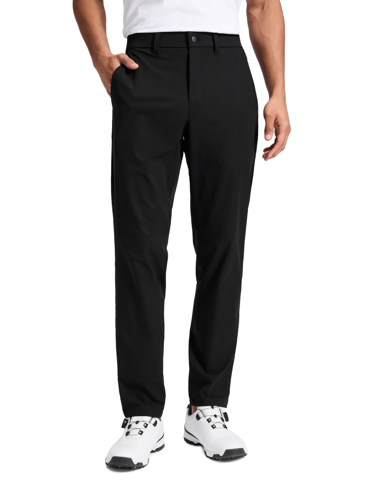 CRZ YOGA Breeze golf pants for men, front view in black, breathable all-day comfort