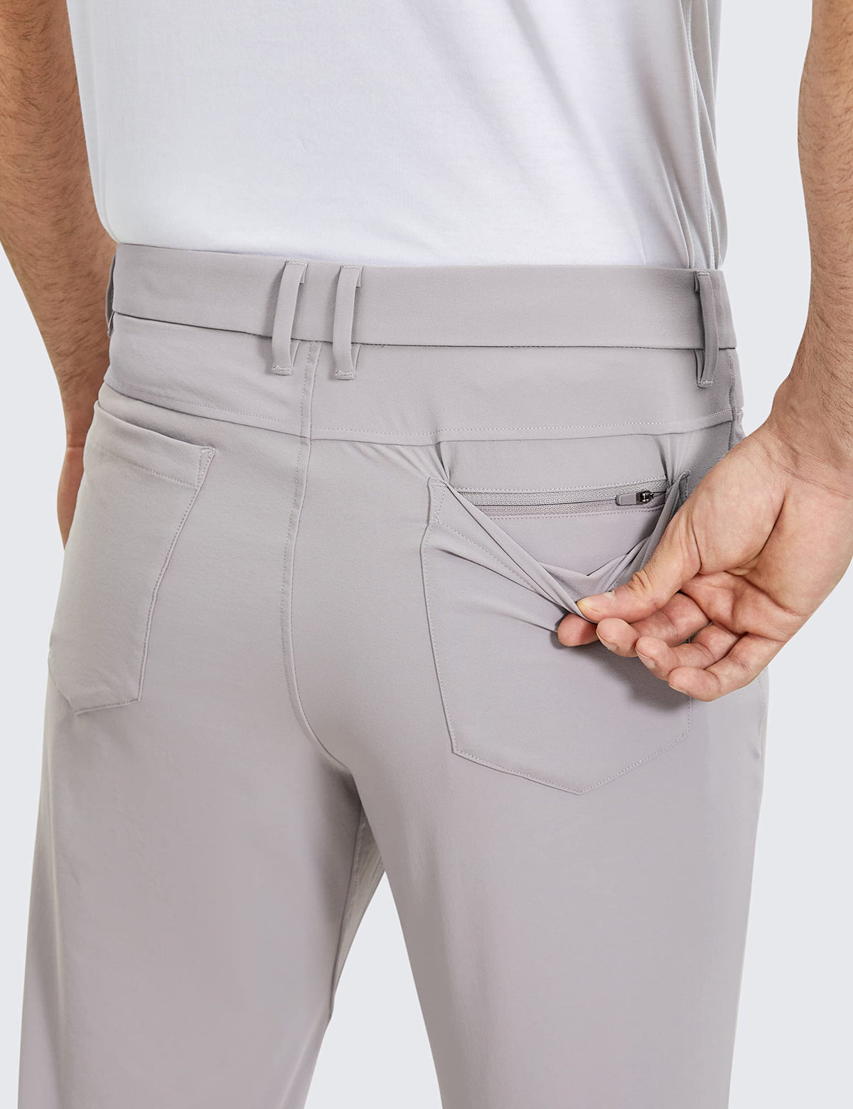 CRZ YOGA Gull Gray 31W 34L tag detail for fit guidance