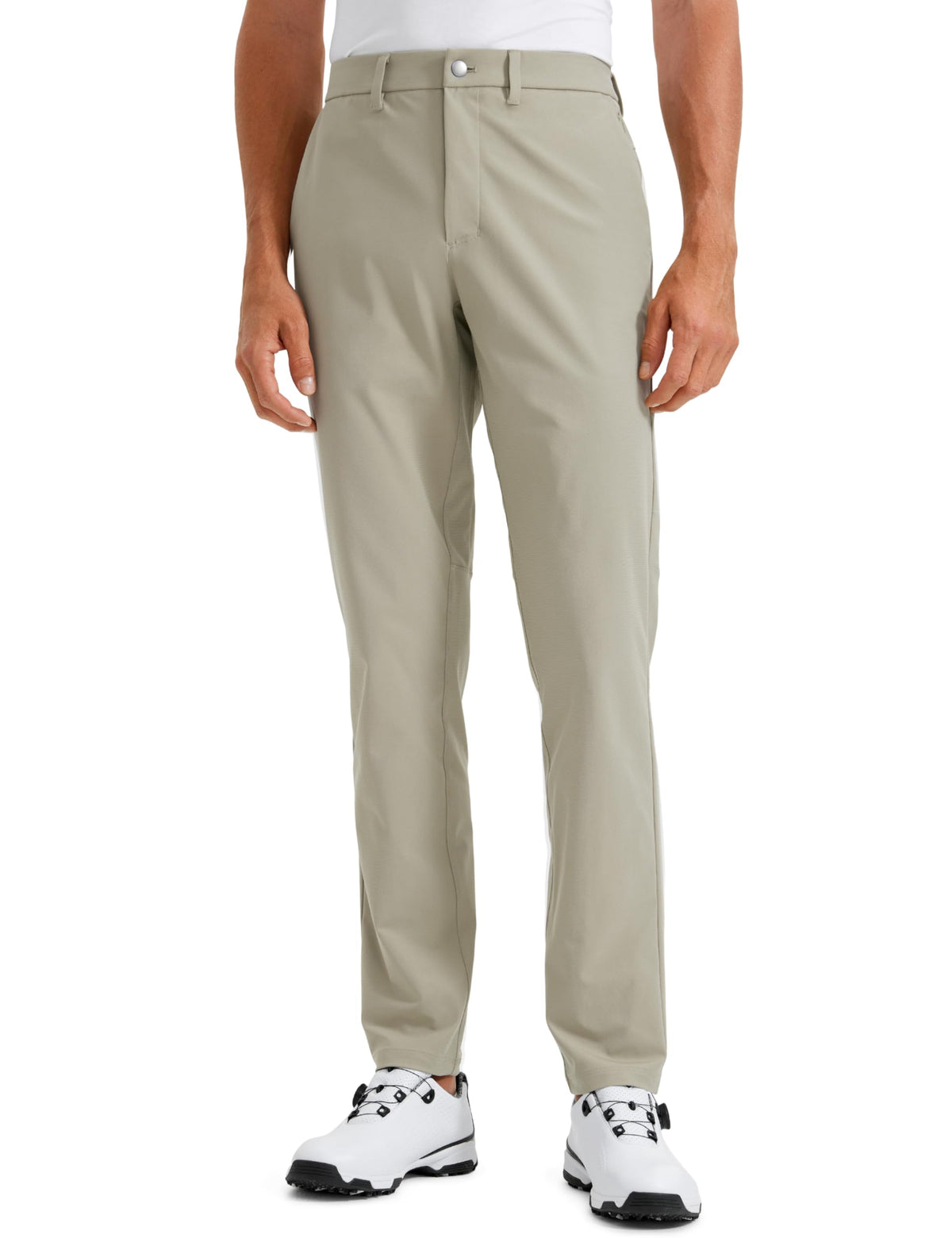 CRZ YOGA men's all-day comfy golf pants khaki barley front view showing tapered fit and mobility