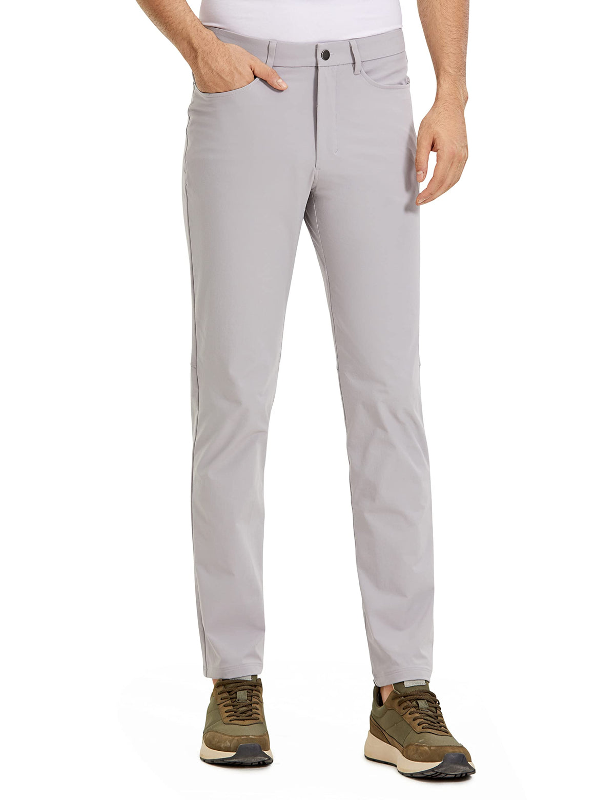 CRZ YOGA men's stretch golf pants front view showing slim fit and moisture-wicking fabric