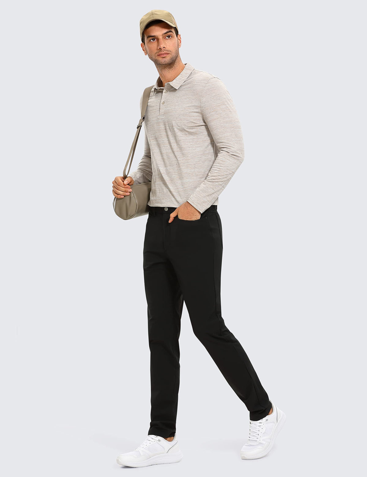CRZ YOGA stretch golf pants fabric close-up highlights water resistance and breathability.