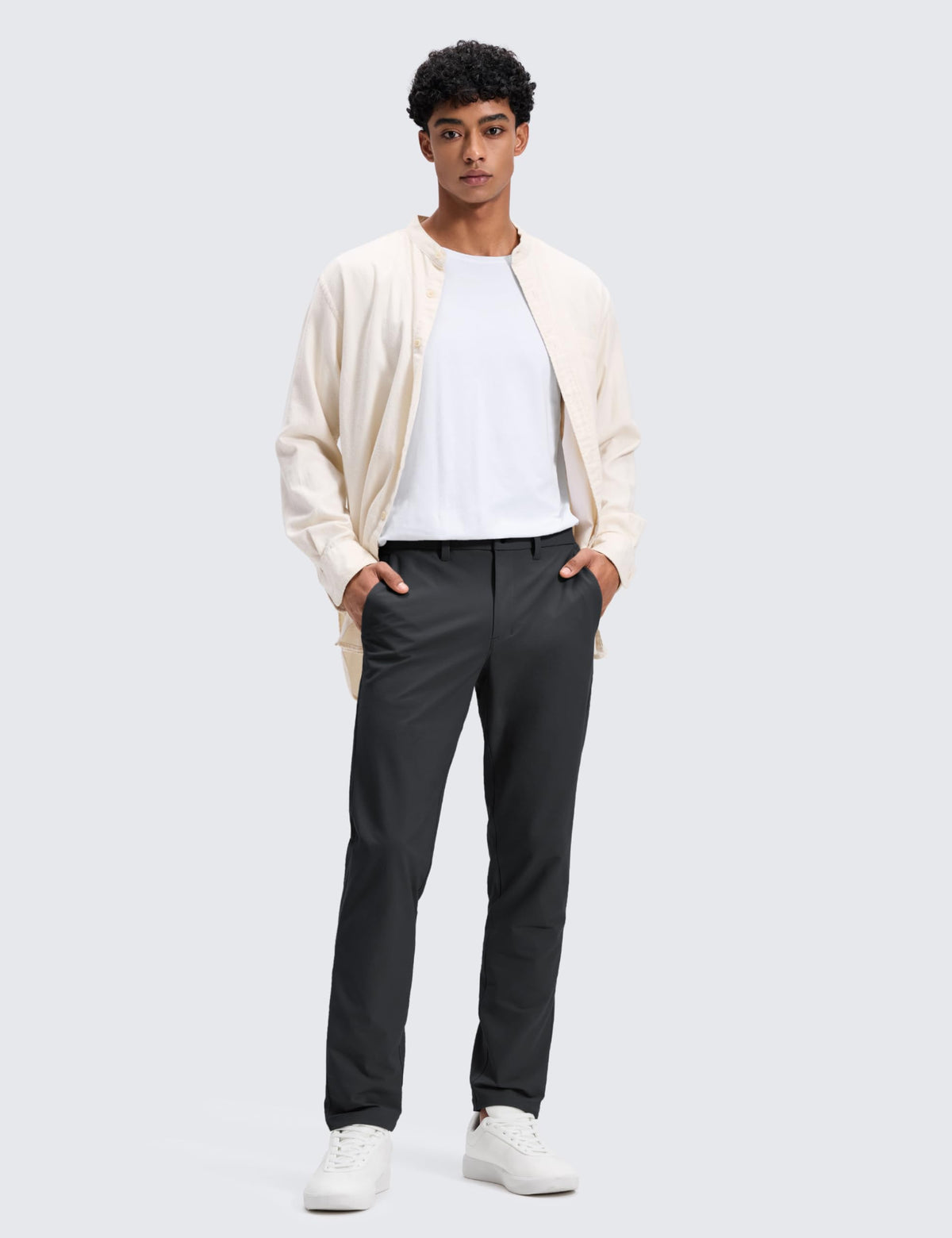 CRZ YOGA ink gray chinos with side zip pocket for secure storage.