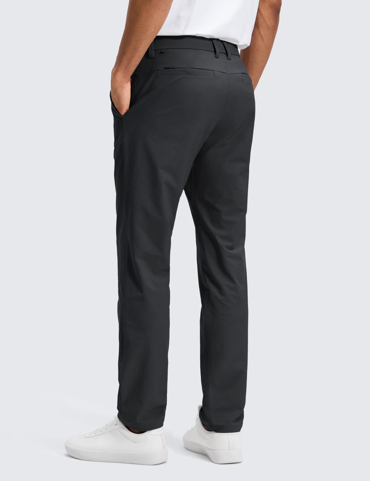 CRZ YOGA ink gray chinos showing side pocket, ideal for daily essentials.