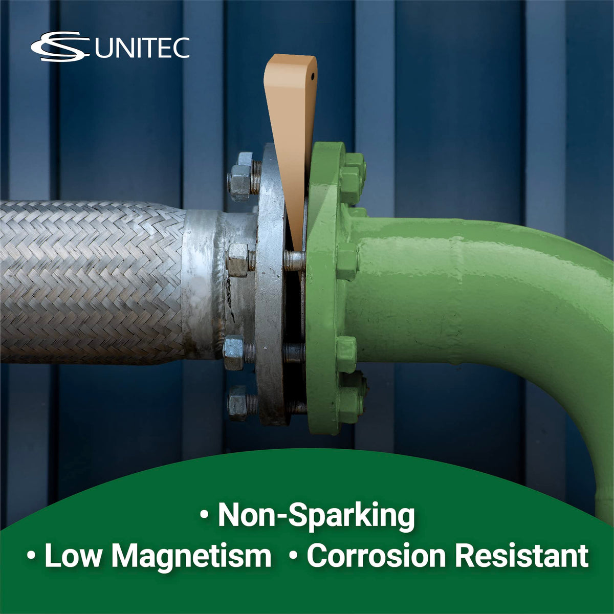 Close-up of CS Unitec wedge showing non-sparking aluminum-bronze alloy for safe work.