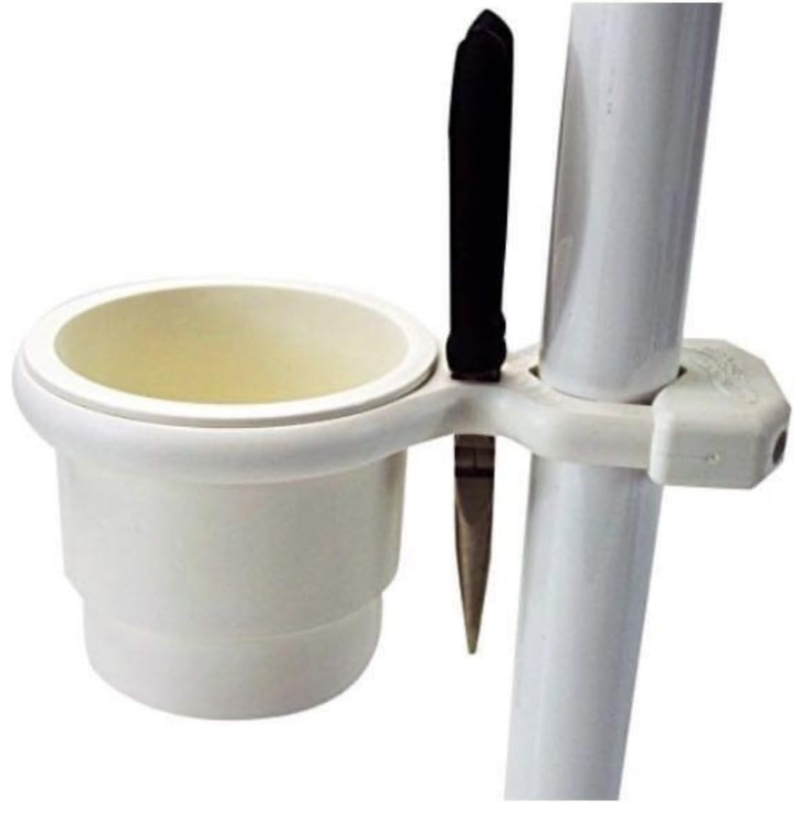 Cuda Cup small adjustable clamp attached to boat rail keeps drinks secure.