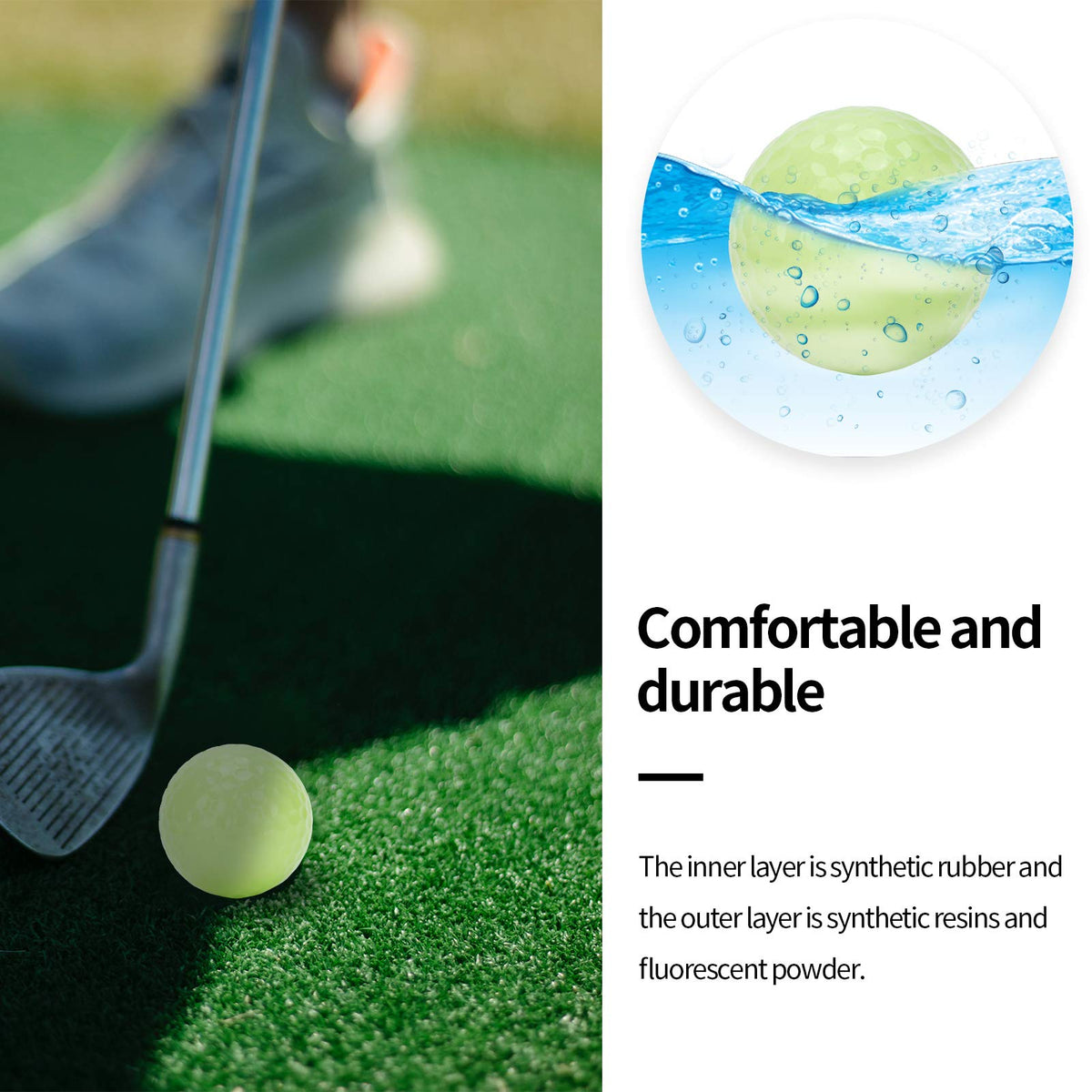 Culnflun Glow golf ball has synthetic rubber core for solid feel.
