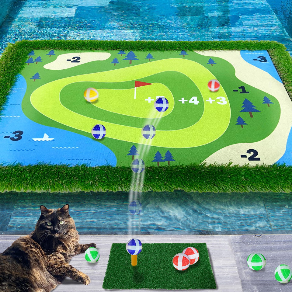 Cupohus giant floating golf green on pool water for family fun.