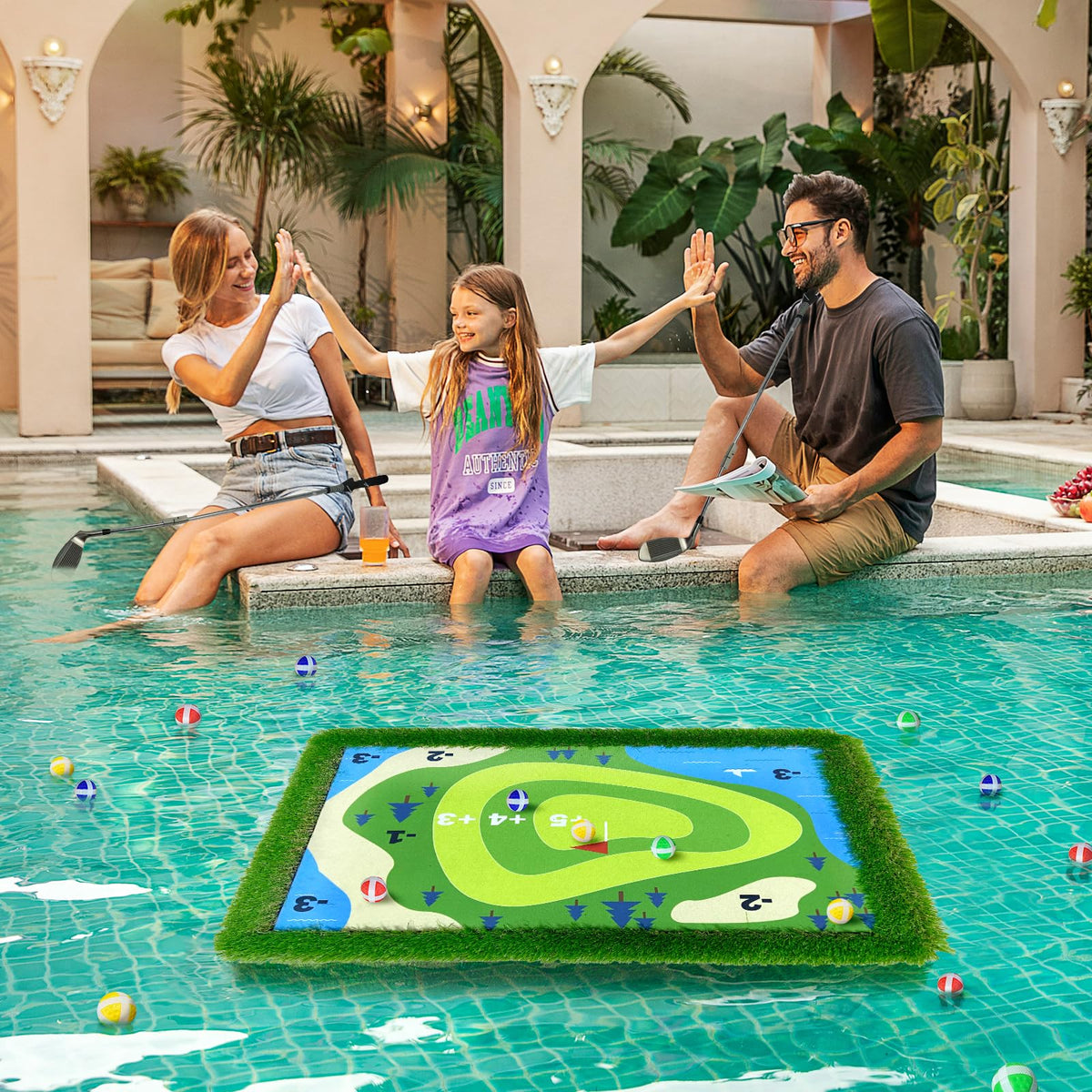 Cupohus floating golf green with scoreboard setup for four players