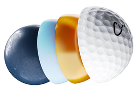 Cut Blue urethane ball close-up reveals the 314-dimple pattern for lower drag