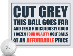 Cut Golf Cut Grey golf balls pack shot highlighting durability and distance.