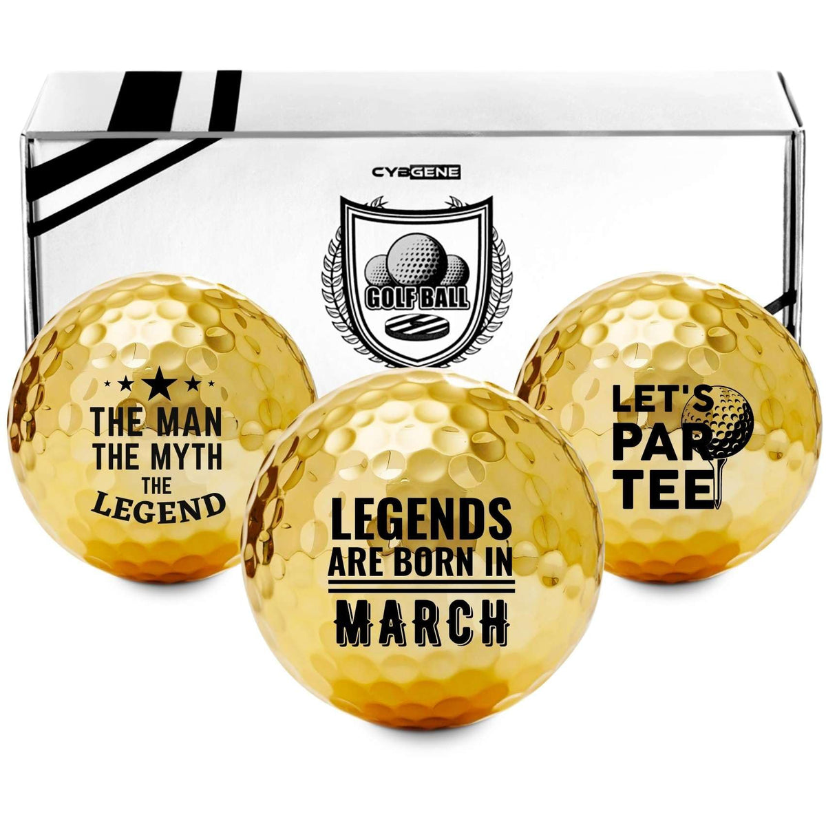 CybGene birthday golf balls set front view showing gift-ready design for golfers.