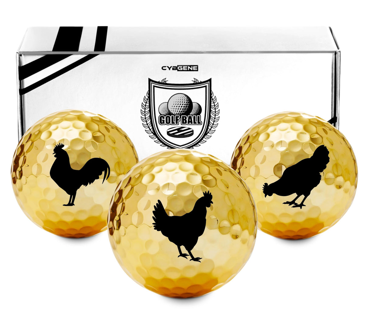 CybGene chicken golf balls with gold pattern stand out on the course.