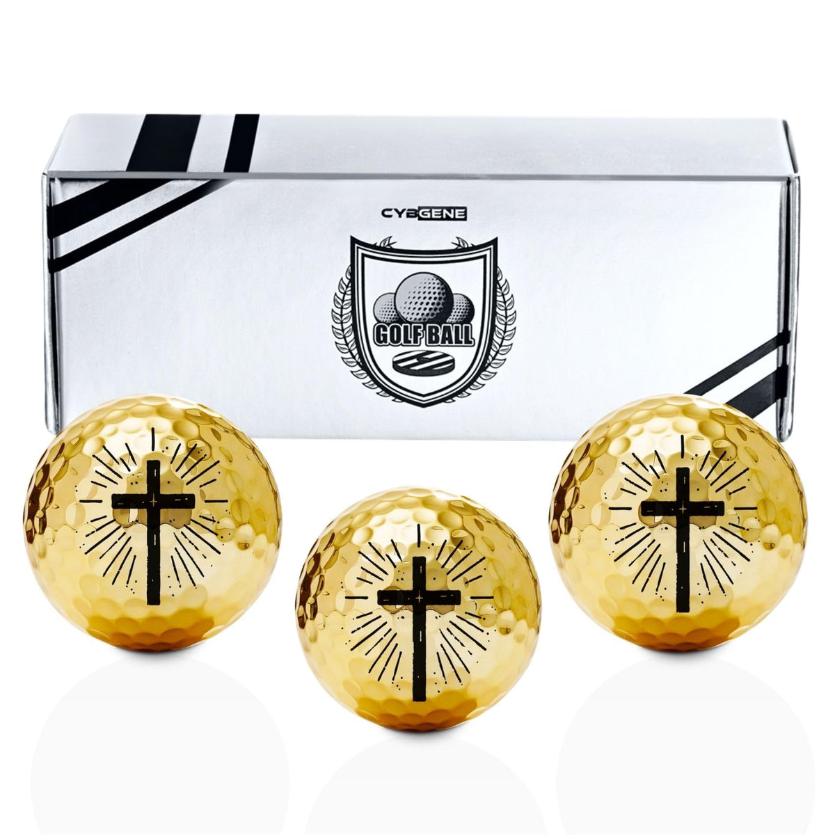 CybGene cross-pattern golf balls close-up showing durable finish for lasting play