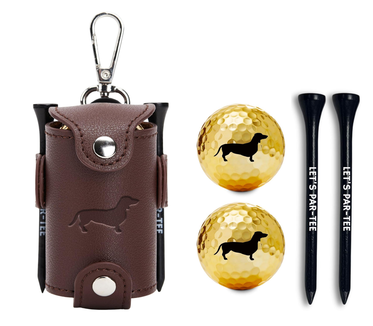 CybGene Dachshund golf ball pouch in premium leather for on-course storage.