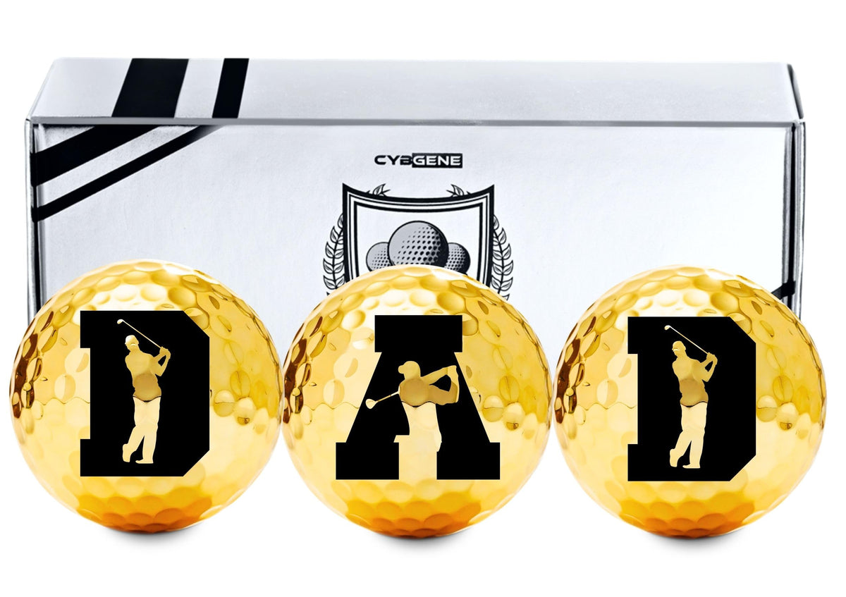 CybGene Dad gold outer-layer golf ball showing premium finish on the course