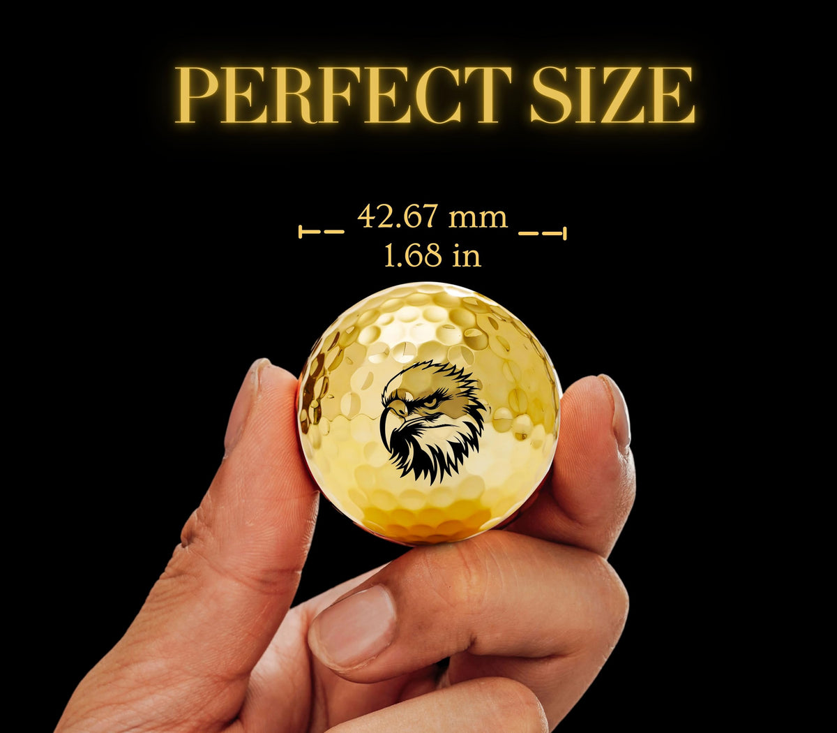 Gold-sheen CybGene eagle golf balls shown on a green putting surface.