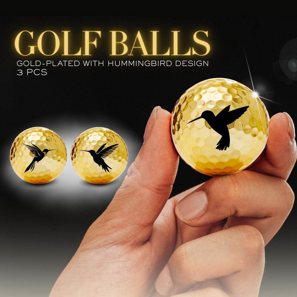 CybGene elegant gold golf balls pack captured in a stylish display for gifting.