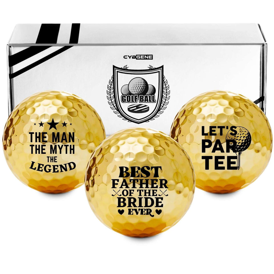 CybGene Father of the Bride golf balls set with golden finish for luxe on-course style.